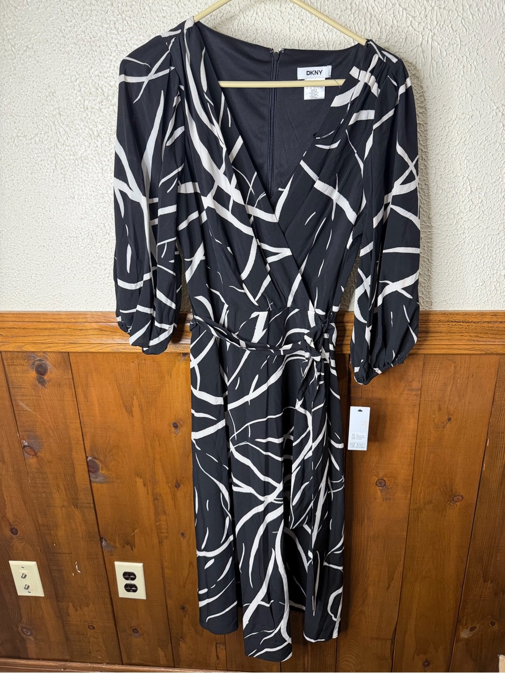 DKNY Black & White Abstract Wrap Midi Dress